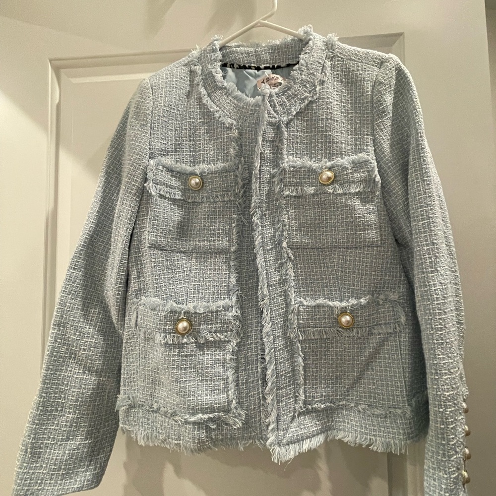 Nannette Light Blue Tweed Jacket with Pearl Buttons